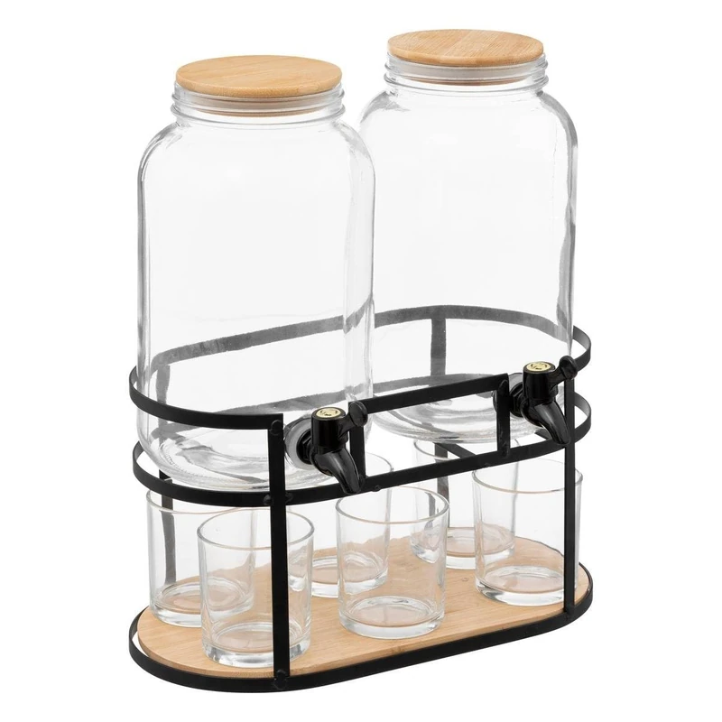 Avilia Dispenser with Tap, Glass Fountain for Drinks with 6.6L Capacity with Metal Holder and 6 Cups - Image 1
