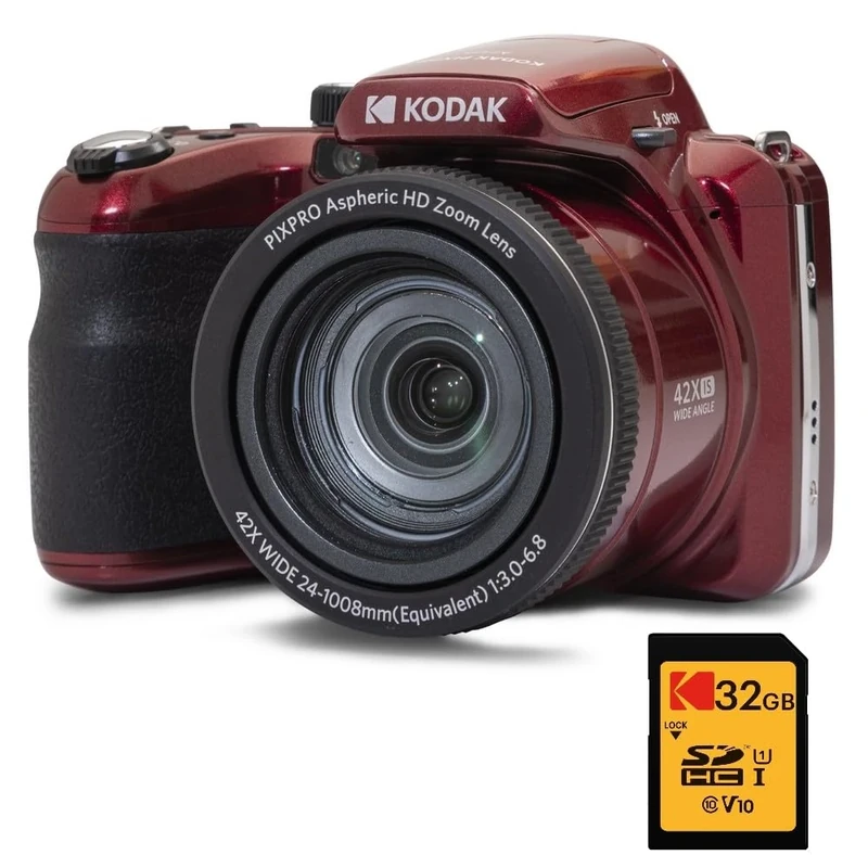 KODAK Digital Bridge Pack Pixpro Astro Zoom AZ425 + 32GB SDHC Card – 20MP Camera, 42X Zoom, Wide Angle, 3" LCD Screen, Full HD 1080p Video, Li-ion Battery – Red