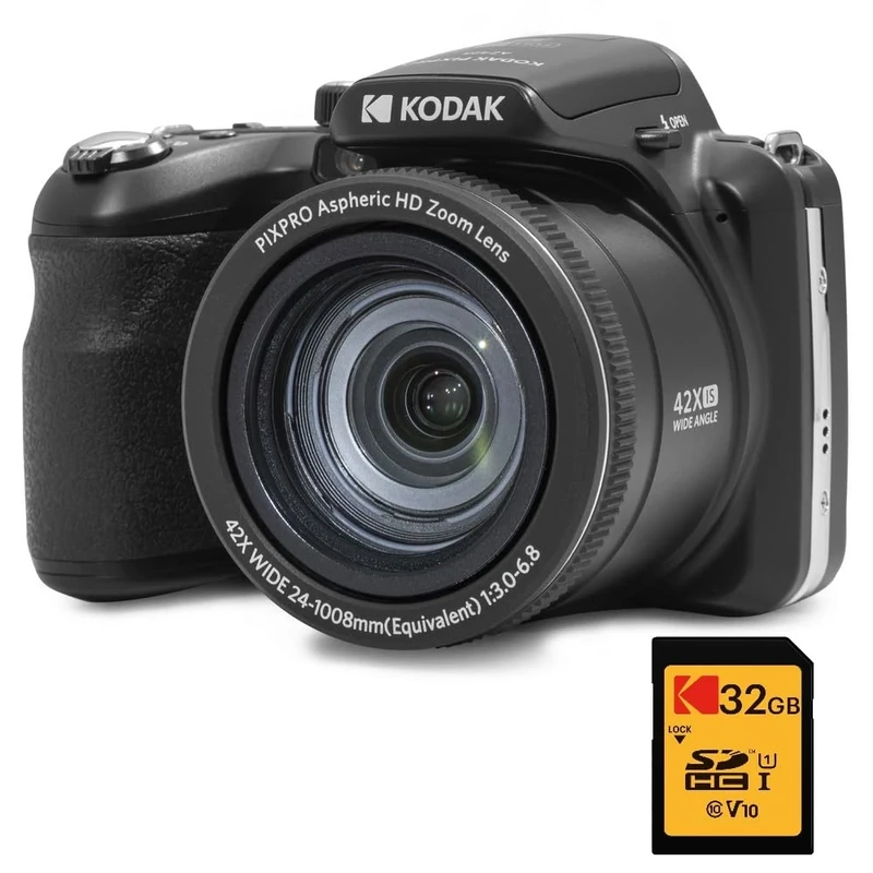 KODAK Digital Bridge Pack Pixpro Astro Zoom AZ425 + 32GB SDHC Card – 20MP Camera, 42X Zoom, Wide Angle, 3" LCD Screen, Full HD 1080p Video, Li-ion Battery – Black