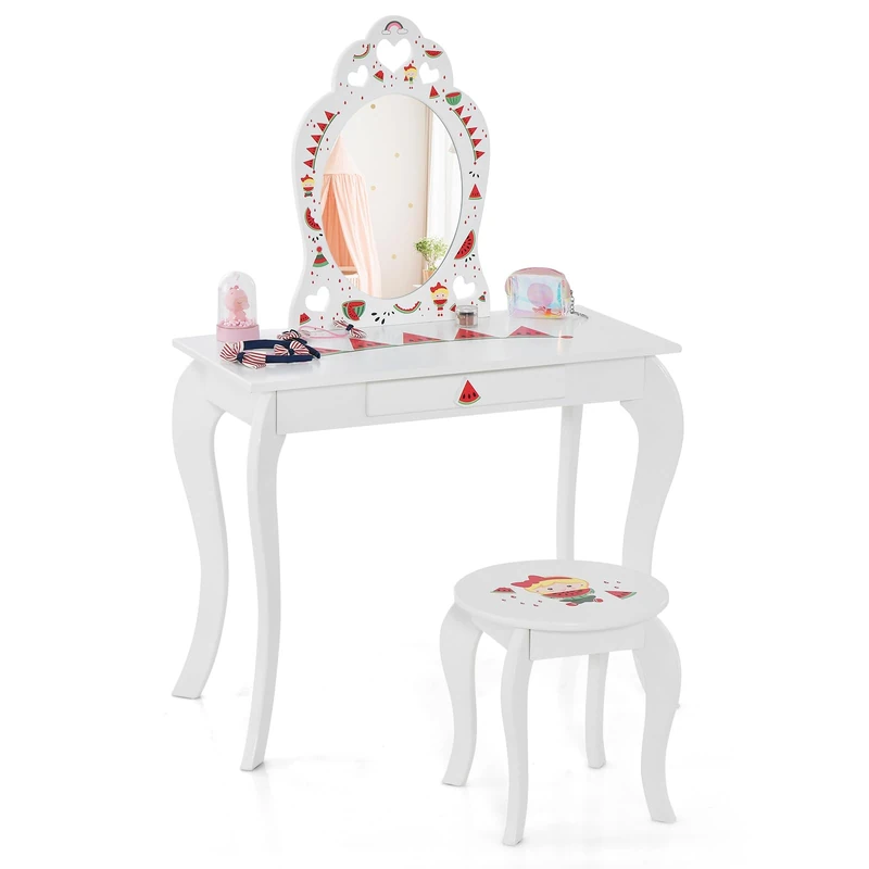 COSTWAY Children's Dressing Table, Pink Wooden Vanity with Mirror & Drawer, Playful Style, 72 x 36 x 106 cm