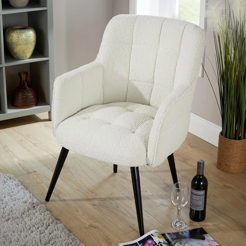 Home Source Boucle Armchair, Cream Teddy Fur Wingback Seating, Living Room Occasional Furniture