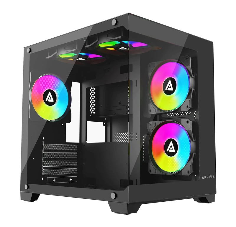 Apevia Prism-BK Prism Micro-ATX Gaming PC Cube Case w/ 5X 120mm ARGB Fans, 366 RGB Modes, Dual Tempered Glass Panels, 240mm Radiator Support, 1X USB3.0, 2X USB 2.0, HD Audio Port, Black