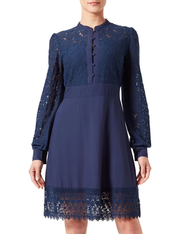 Cream Women's Knee Length Long Sleeves Lace Buttons Round Neck, Dress Blues, 6