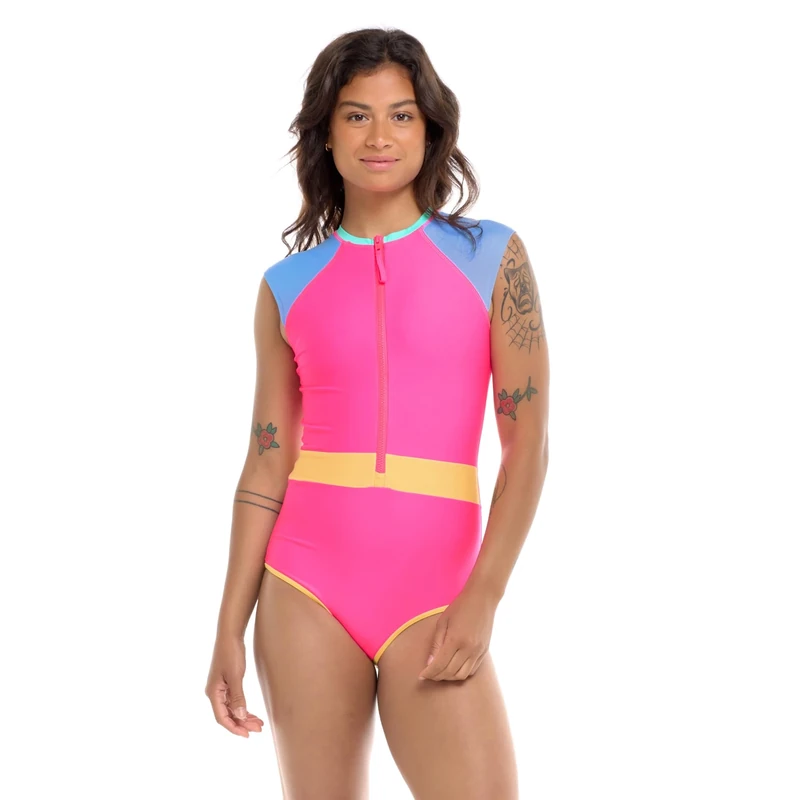 Body Glove Women's Stand Up Zip Front Paddle One Piece Swimsuit with UPF 50, Bubble Gum Colorblock, S