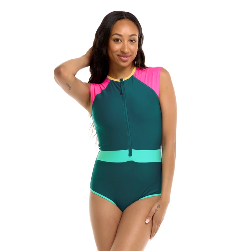 Body Glove Women's Stand Up Zip Front Paddle One Piece Swimsuit with UPF 50, Kingfisher Colorblock, S