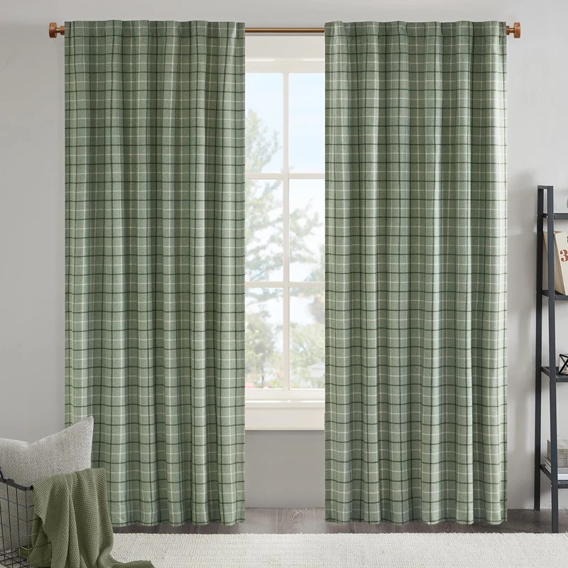 Madison Park Anaheim Cabin Plaid Curtain Window, Thermal Insulated Fleece Lining, Living Room Decor Light Blocking Drape for Bedroom, 1-Single Panel Pack, 50" x 95" Faux Leather Tab, Green