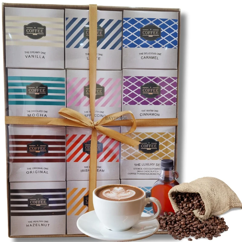 12x Instant Flavoured Coffee Gifts for Men Women Adults |1x Pumpkin Spice Syrup 1x Stencil | Christmas Gifts for Men Women Couples | Drink Gift for Coffee Lovers | Birthday Xmas Presents Selection Box