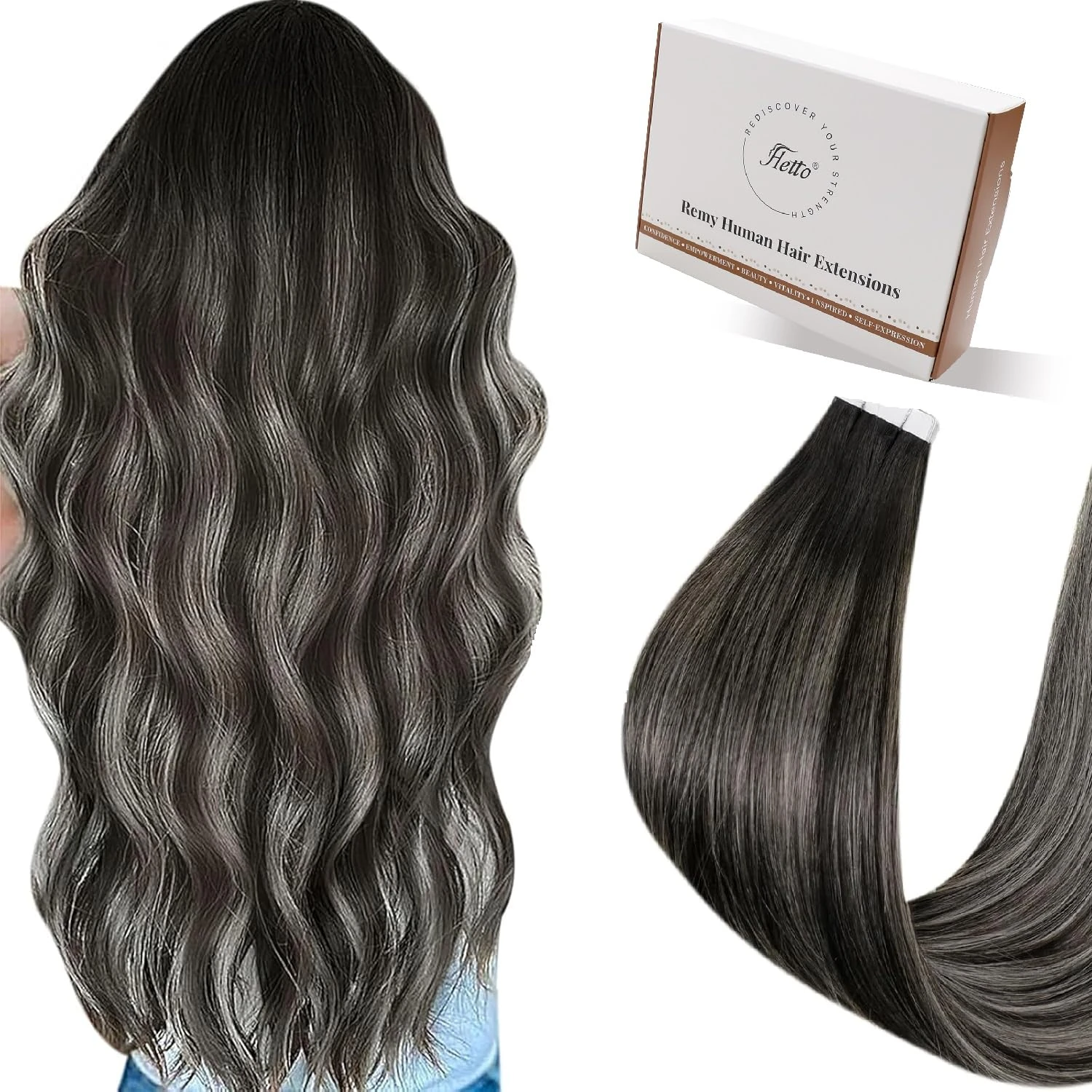 Hetto Tape Hair Extensions Real Human Hair Balayage Black Ombre Silver Hair Extensions Tape in Human Hair Tape in Extensions 12 Inch 20 Pieces/30g #1B/Silver/1B