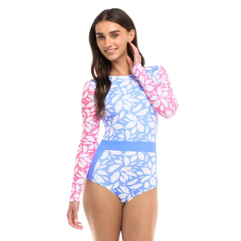 Body Glove Women's Standard Long Sleeve Paddle One Piece Swimsuit with UPF 50+, Petal Print, S