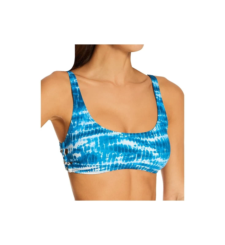 VINCE CAMUTO Women's Blue Tie Dye Stretch Side-Lace Lined Adjustable Scoop Neck Swimsuit Top L
