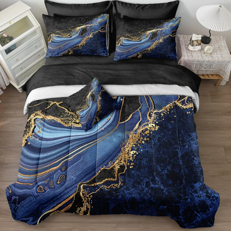Black Gold Bedding Blue Marble Comforter Set 8 Pieces Queen Bed in a Bag with 1 Black and Blue Comforter, 1Flat Sheet, 1 Fitted Sheet, 4 Pillowcases, 1 Marble Cushion Cover