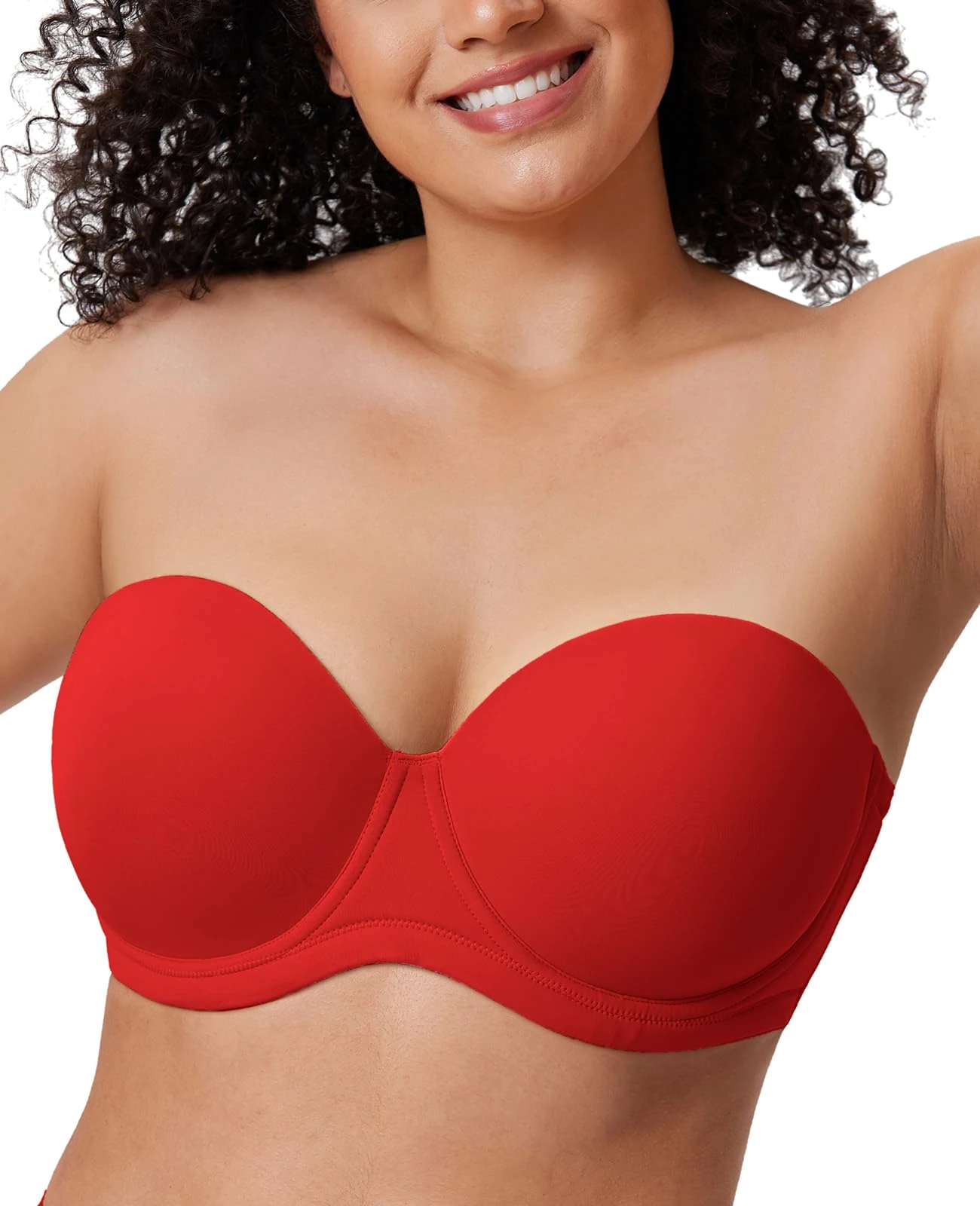 Delimira Women's Strapless Bra Push Up for Bigger Bust Multiway Underwire Smooth Bandeau Bra Lipstick Red 46D
