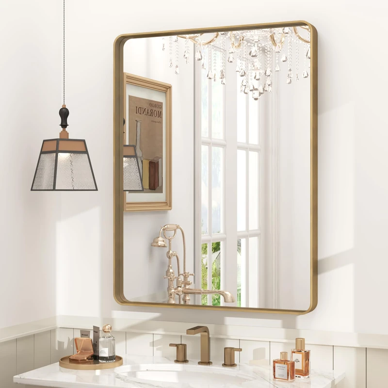 CHARMOR 24x32 Gold Bathroom Mirror, Rounded Rectangle Gold Frame Mirror, Brushed Gold Brass Bathroom Vanity Mirror Wall-Mounted, Anti-Rust, Hangs Horizontally or Vertically