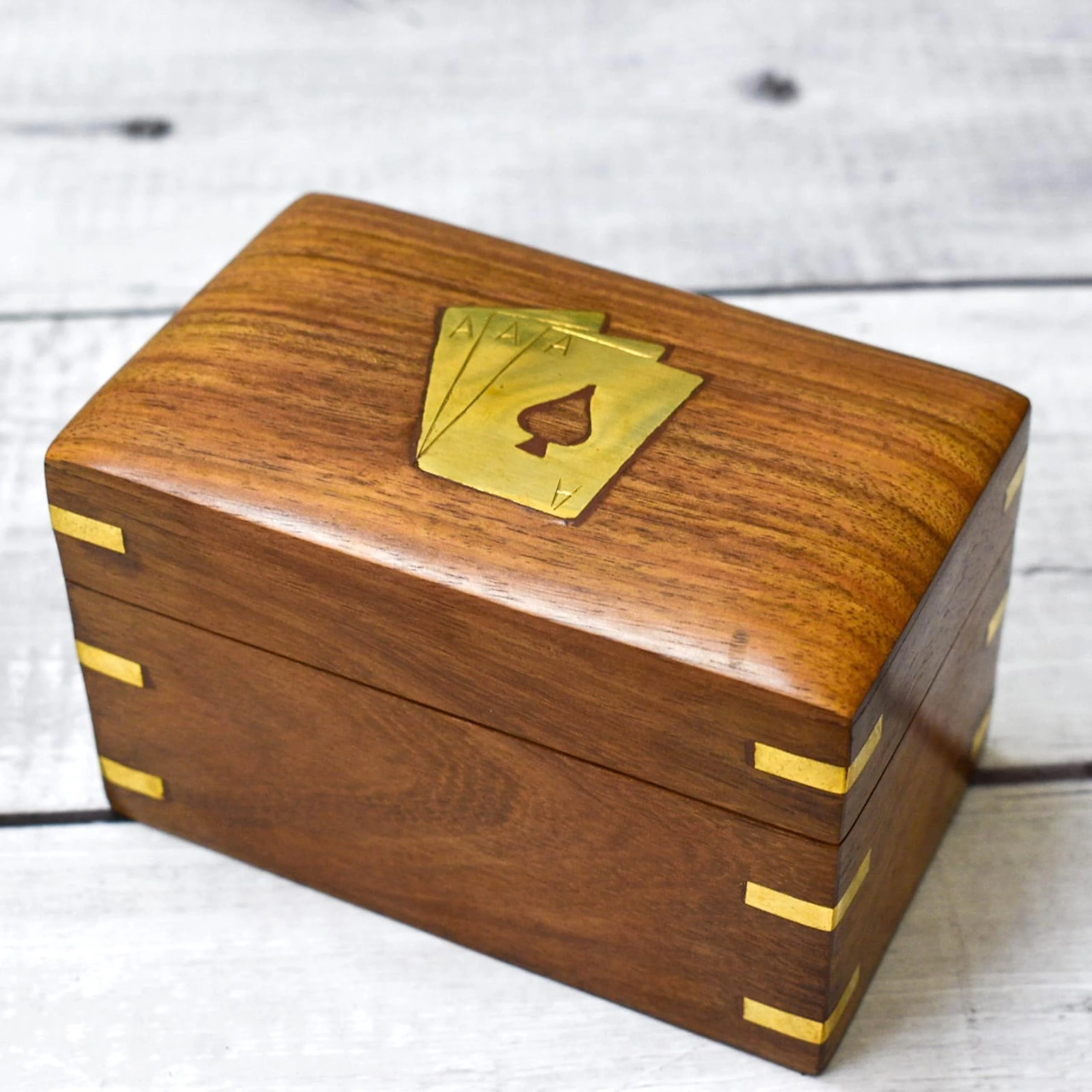 Ajuny Wooden Playing Card Box Handcrafted Double-Deck Holder with Brass Ace Inlay, Includes Two Card Packs, Elegant Collectors Christmas, Anniversary or Housewarming Present