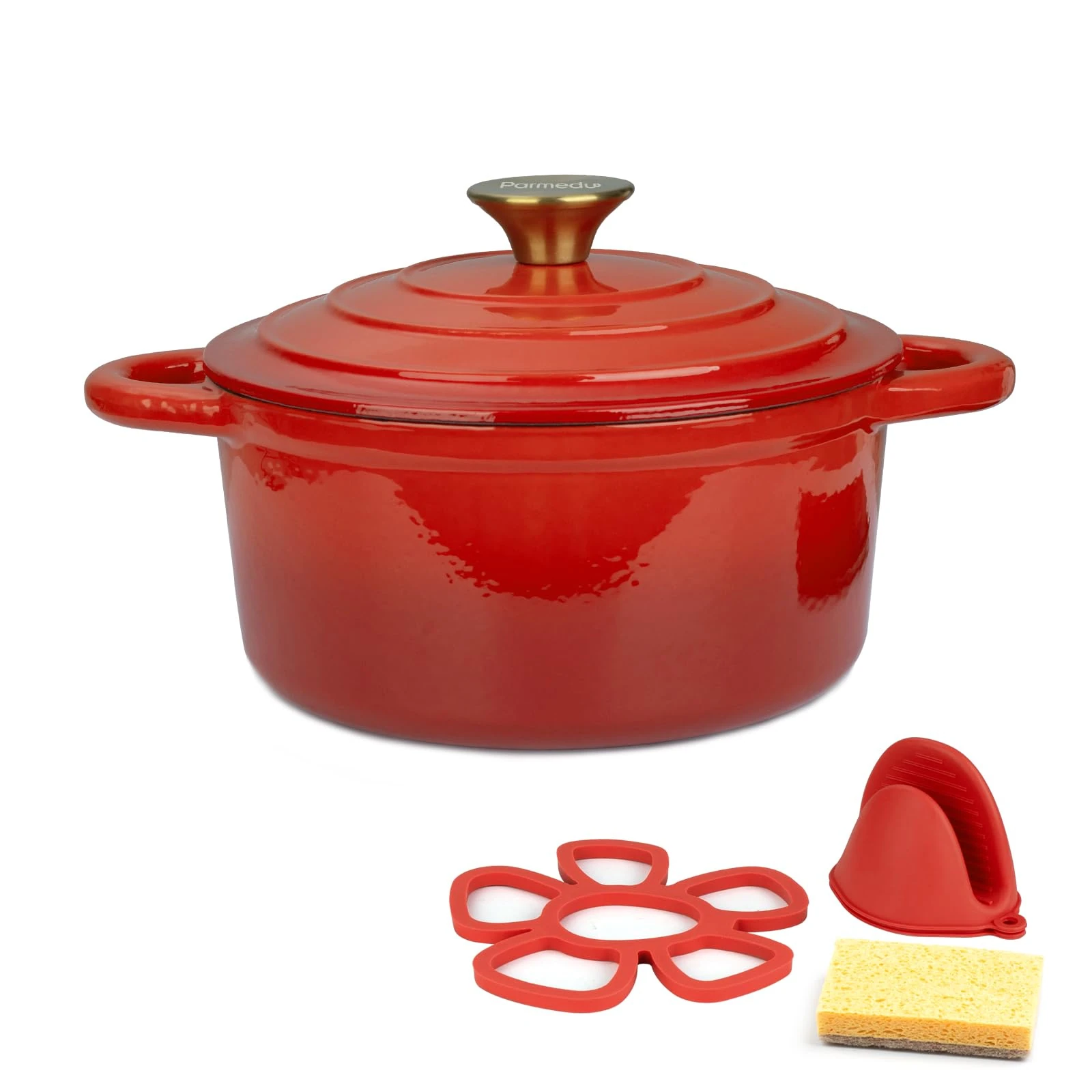 Parmedu Enameled Cast Iron Pot: 2.5L Heavy Duty Dutch Oven with Lid and Dual Handles - Silicone Accessories and Sponge Included, Ideal for Braising, Stewing, Roasting and Baking, Christmas Red