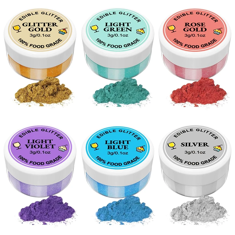 Edible Glitter 6 x 3g, Edible Glitter for Drinks Lustre Dust Edible 6 Color Set Food Colouring Powder Baking Glitter for Chocolate, Strawberries, Cakes, Fondant, Drinks, Cocktails, Odorless, Vegan