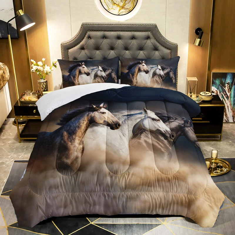 QOOMO Horse Comforter King Size,Galloping Horse Comforter Set for Kids Teens Girls Boys,3Pcs Bedding Set Printed Comforter with 2 Pillowcases,Soft and LightweightԺåKing Size