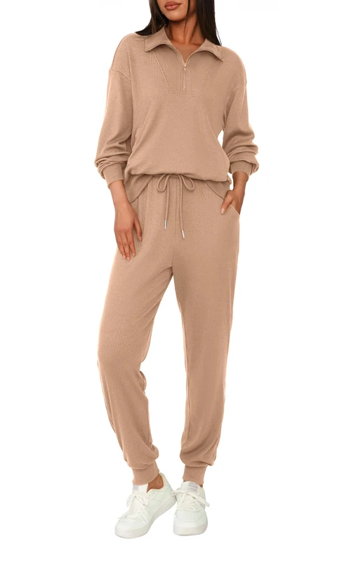 BTFBM Women's 2 Piece Tracksuit Fall Outfits 2025 Long Sleeve Half Zip Sweatshirt Sweatpants Lounge Set Sweatsuits, Solid Khaki, XX-Large