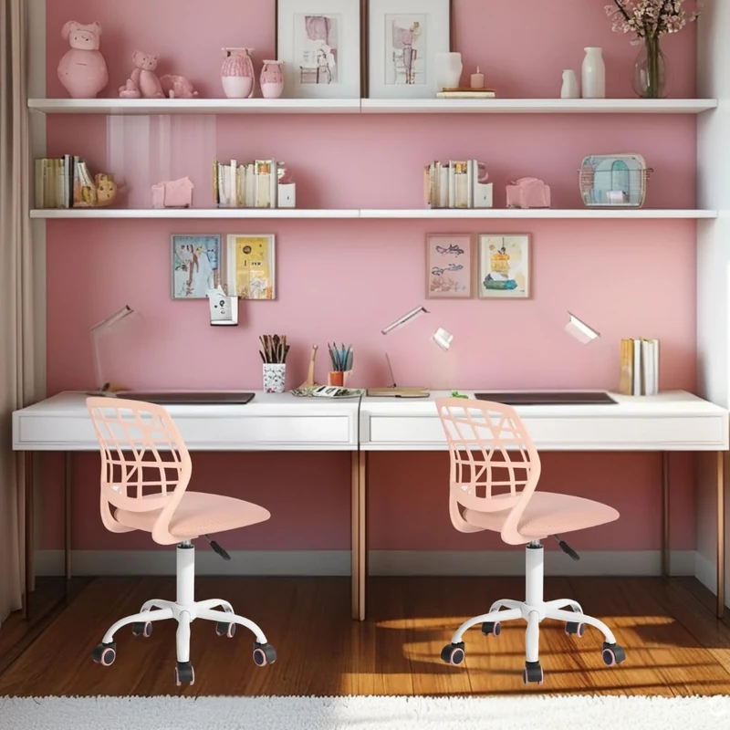 FurnitureR Desk Chair Office Chair Fabric Seat Ergonomic Study Chair without Armrest, Adjustable Height Swivel Chair, set of 2,Light pink,I
