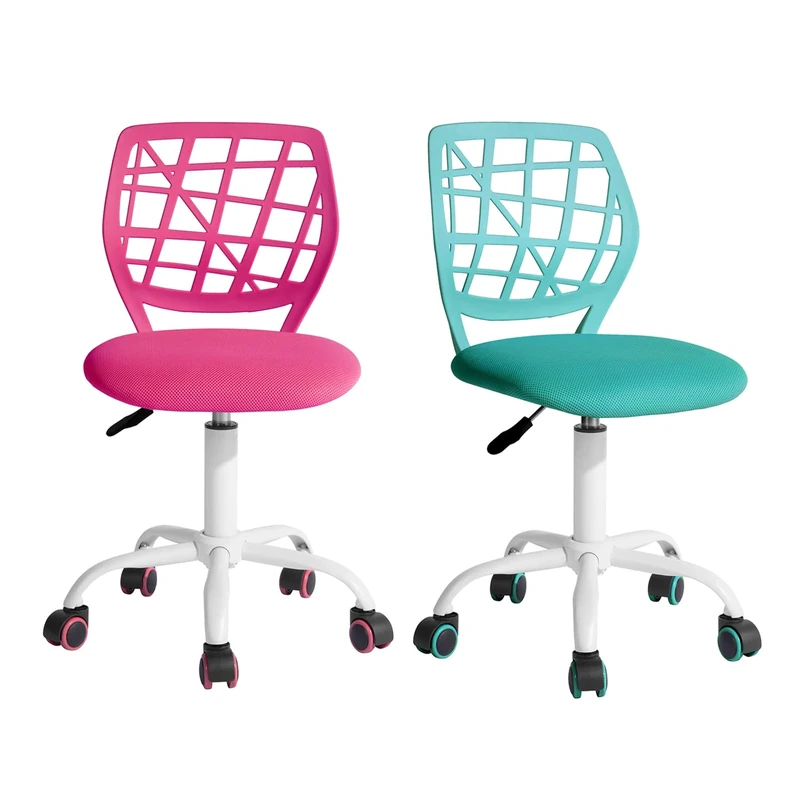 FurnitureR Desk Chair Office Chair Fabric Seat Ergonomic Study Chair without Armrest, Adjustable Height Swivel Chair, set of 2, Pink+Aqua,I