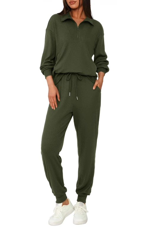 BTFBM Women's 2 Piece Tracksuit Fall Outfits 2023 Long Sleeve Half Zip Sweatshirt Sweatpants Lounge Set Sweatsuits, Solid Army Green, Medium