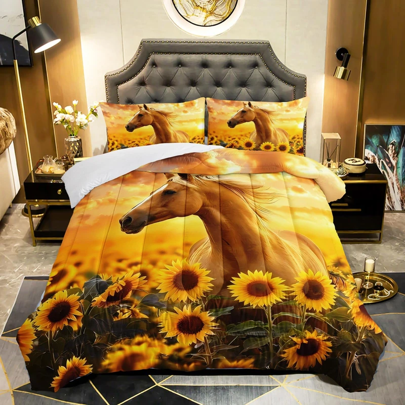 QOOMO Horse Comforter King Size,Sunflower Horse Comforter Set for Kids Teens Girls Boys,3Pcs Bedding Set Printed Comforter with 2 Pillowcases,Soft and Lightweight，King Size
