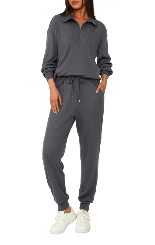 BTFBM Women's 2 Piece Tracksuit Fall Outfits 2023 Long Sleeve Half Zip Sweatshirt Sweatpants Lounge Set Sweatsuits, Solid Dark Grey, XX-Large
