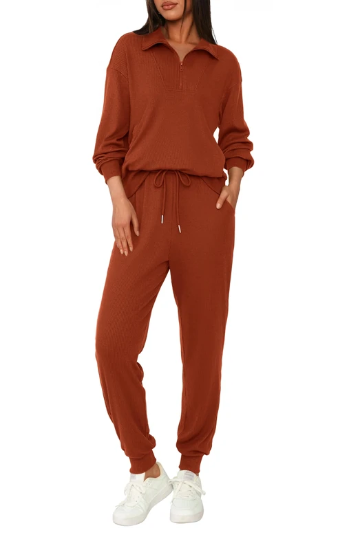BTFBM Women's 2 Piece Tracksuit Fall Outfits 2023 Long Sleeve Half Zip Sweatshirt Sweatpants Lounge Set Sweatsuits, Solid Brick Red, Large