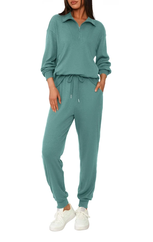 BTFBM Women's 2 Piece Tracksuit Fall Outfits 2023 Long Sleeve Half Zip Sweatshirt Sweatpants Lounge Set Sweatsuits, Solid Light Green, Medium