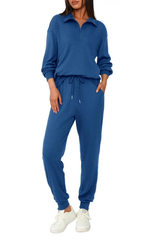 BTFBM Women's 2 Piece Tracksuit Fall Outfits 2023 Long Sleeve Half Zip Sweatshirt Sweatpants Lounge Set Sweatsuits, Solid Dark Blue, X-Large