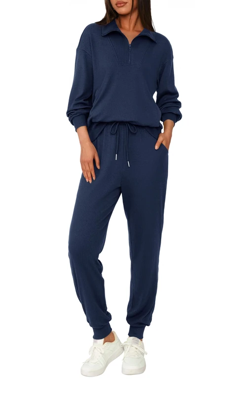 BTFBM Women's 2 Piece Tracksuit Fall Outfits 2023 Long Sleeve Half Zip Sweatshirt Sweatpants Lounge Set Sweatsuits, Solid Navy, Small - Image 1
