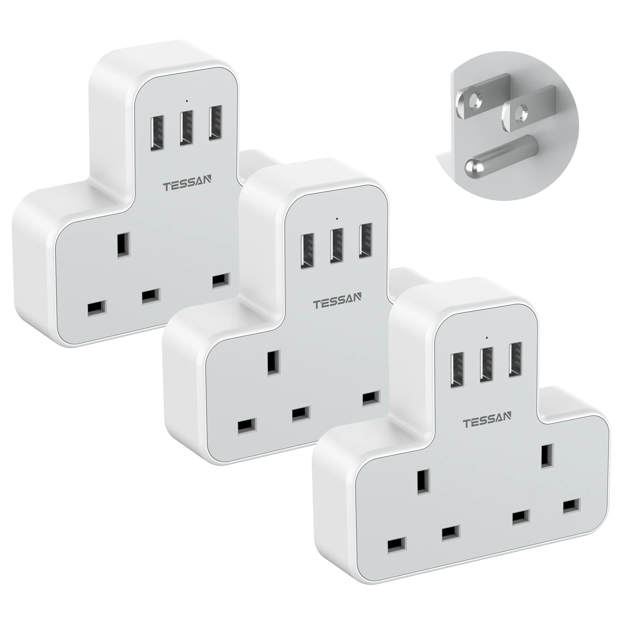 UK to US Plug Adapter with 3 USB Ports, TESSAN 2 Way Grounded USA Travel Adapter, Double Plug Adaptor from UK to America, Canada, Thailand, Mexico, Canada, Thailand, Cuba(Type B), 3 Pack