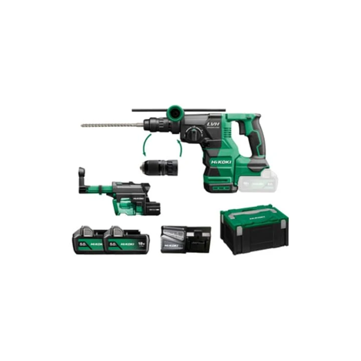 HIKOKI DH1826DC Cordless Drill and Chisel Hammer with Dust Extraction, Attachment: SDS-Plus (18 V, 5.0 Ah, Idle Speed 4300 min-1, Impact Energy: 3.2 J, Brushless Motor, Plus Accessories All in HSC