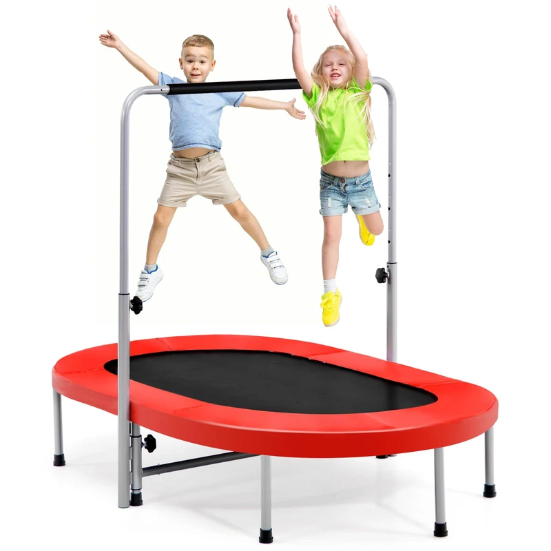 SPOTRAVEL 60’’ Kids Trampoline, 2 Persons Foldable Fitness Rebounder Trampoline with Height Adjustable Handrail & Padded Protective Cover, Indoor Outdoor Exercise Jumper for Adults Toddler (Red)