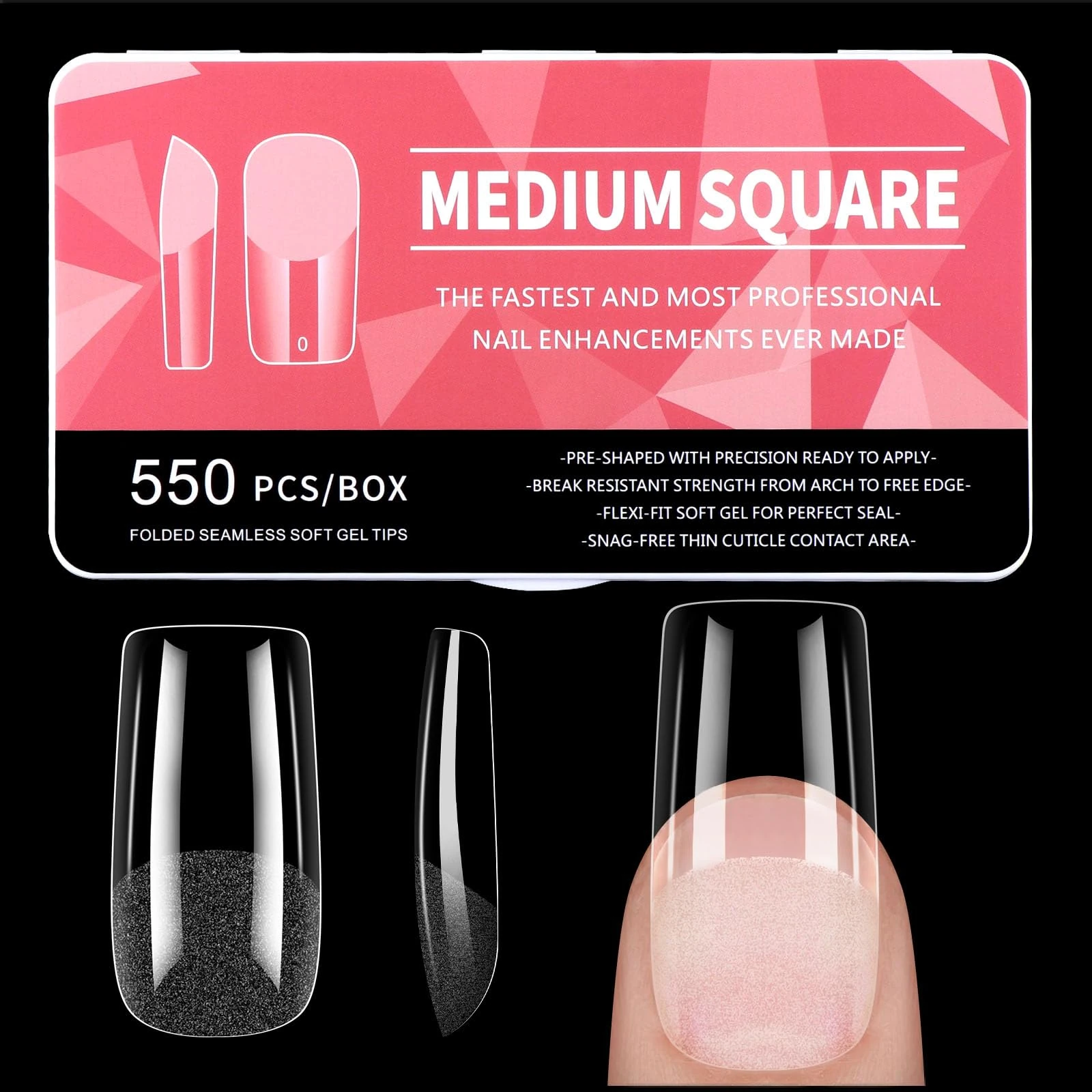 Diboniur Medium Square Nail Tips - 550PCS Full Cover, 11 Sizes Half Matte Soft Gel Tips for Gel Extensions, French Manicure and Nail Art