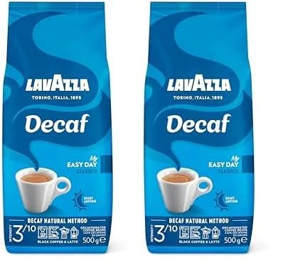 Lavazza, Caffè Decaffeinato, Coffee Beans, Ideal for Espresso or Superautomatic Coffee Machines, Aromatic Notes of Dried Fruits, Arabica and Robusta, Intensity 3/10, Medium Roasting, 500g (Pack of 2)