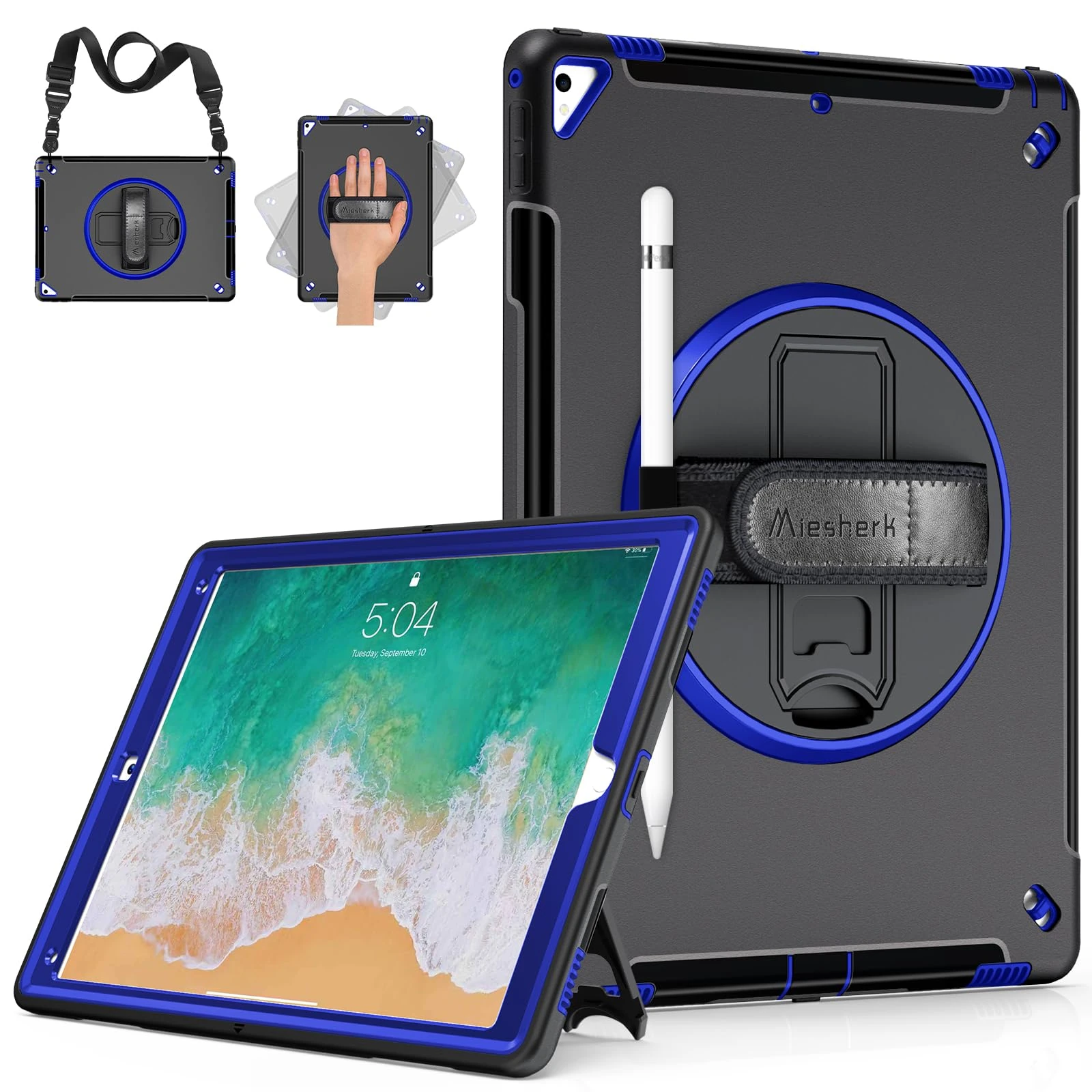 Miesherk Case for iPad Pro 12.9 2nd/1st Generation: Military Rugged Protective Shockproof Cover for iPad Pro 12.9 Inch 2017/2015 - Pencil Holder - 360° Rotating kickstand - Hand/Shoulder Strap-Navy