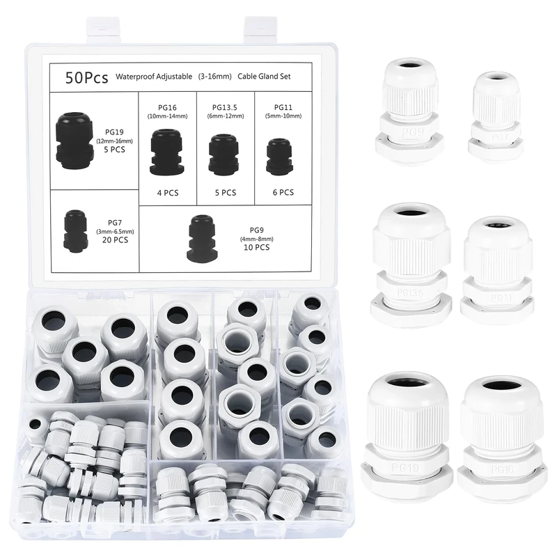 50 Pcs Adjustable Cable Glands, IP68 Waterproof Adjustable 3-15mm Cable Connectors, Plastic Nylon Cable Connectors Gland Joints Locknut Stuffing Glands - PG7/9/11/13.5/16/19