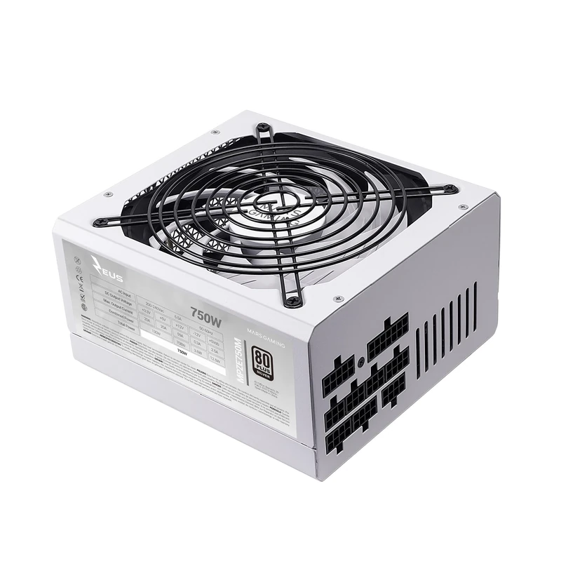 Mars Gaming MPZE750M, Modular ATX 750W Power Supply, 10 Years Warranty, 80Plus Silver +87% Efficiency, 140mm FDB AI-RPM Fan, DC-DC and SMD Technologies, Japanese 105º Capacitors, White
