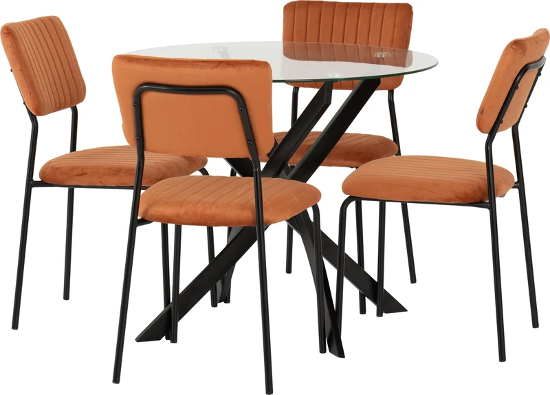 Seconique Sheldon Round Glass Top Dining Set with 4 Dining Chairs in Clear Glass/Black/Burnt Orange Velvet Fabric