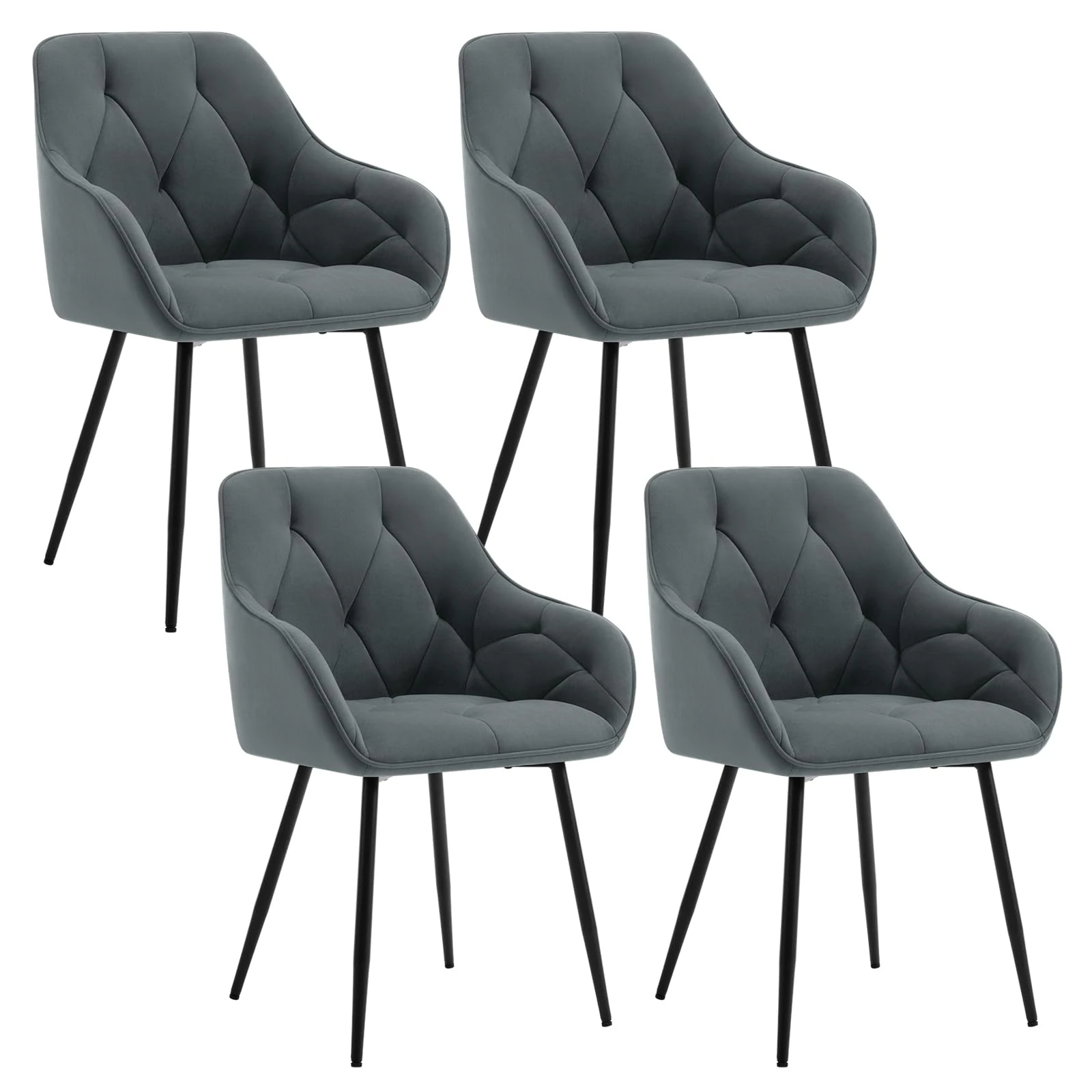 WOLTU Set of 4 Dining Chairs Kitchen Chairs Upholstered Living Room Chair with Backrest, Armrests, Metal Legs, Ergonomic Chair for Lounge, Office, Dressing Table, Velvet, Dark Grey