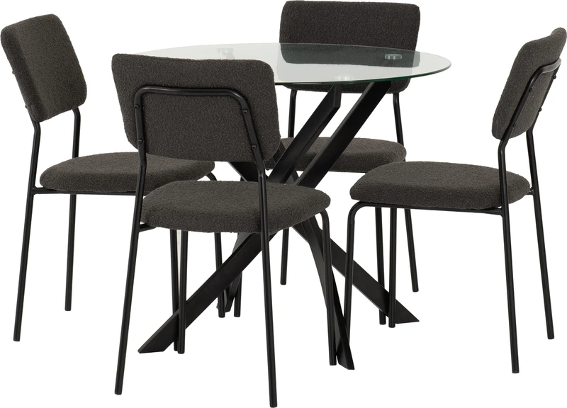 Seconique Sheldon Round Glass Top Dining Set with 4 Dining Chairs in Clear Glass/Black/Grey Boucle Fabric