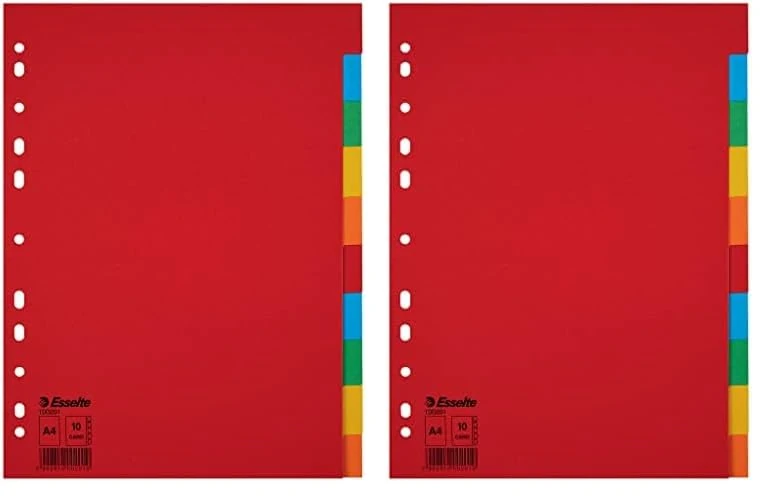 Esselte A4 1-10 Dividers, Heavy Duty Recycled Cardboard, Red/Multicolour (Pack of 2)