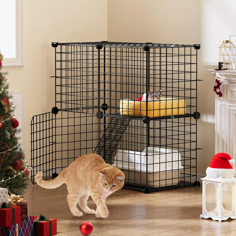 YITAHOME Indoor Cat Cage, 2 Tier Kitten Cage House Cat Enclosure Outdoor Small Animal DIY Pet Playpen Detachable Metal, Cat Kennel for Ferret Kitty, Bunny, Rabbit, Small Animals, Camping, 71x36x71cm