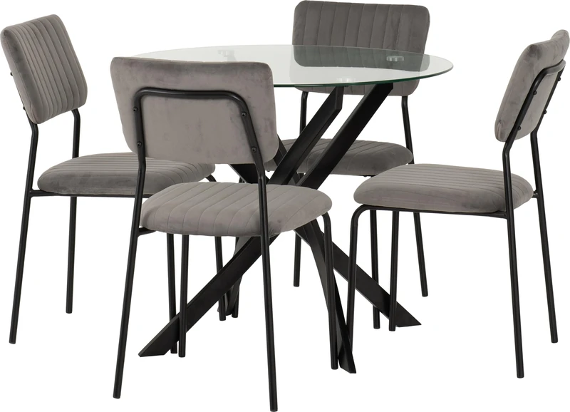 Seconique Sheldon Round Glass Top Dining Set with 4 Dining Chairs in Clear Glass/Black/Grey Velvet Fabric