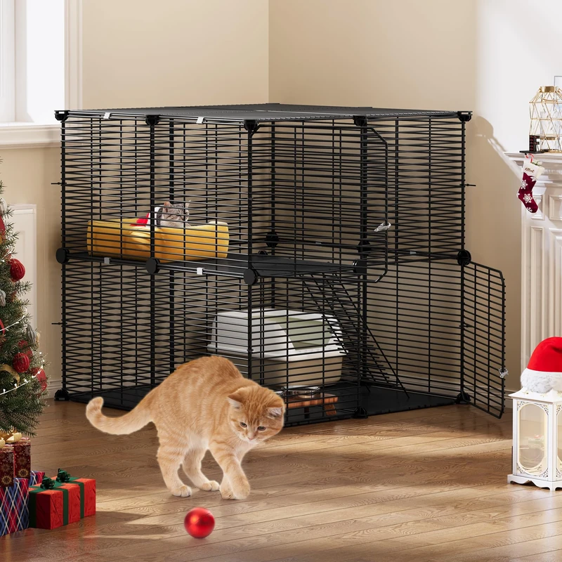 YITAHOME Cat Cage Indoor Cat Enclosures, 2-Tiers DIY Pet Playpen with Metal Wire Dense, 71x71x71cm Metal Kennel for 1-2 Ferret, Chinchilla, Rabbit, Small Animals, Black