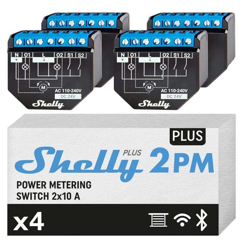 Shelly Plus 2PM (16A) | WiFi & Bluetooth 2 Channels Smart Switch with Power Metering | Home Automation | Roller Shutter Remote Control | Alexa & Google Home Compatibility | iOS Android App (4 Pack)