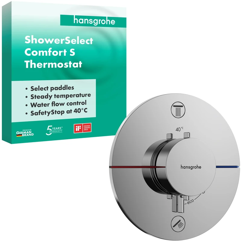 hansgrohe ShowerSelect Comfort S - thermostat conceiled, bathroom tap with safety stop at 40 °C, thermostat round for showers and bath tubs, shower mixer for 2 functions, chrome, 15554000