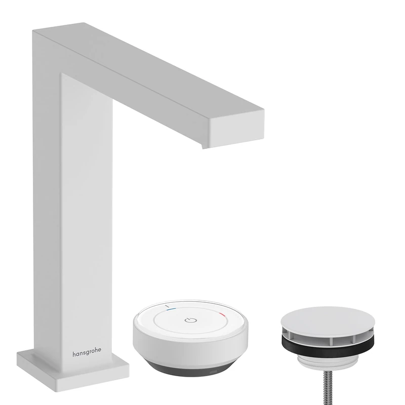 hansgrohe Tecturis E - 2-Hole Bathroom tap with Waste Set, Energy-Saving (CoolStart), Bathroom Sink tap with spout Height 150 mm, Basin Mixer tap Water-Saving (EcoSmart+), matt White, 73053700