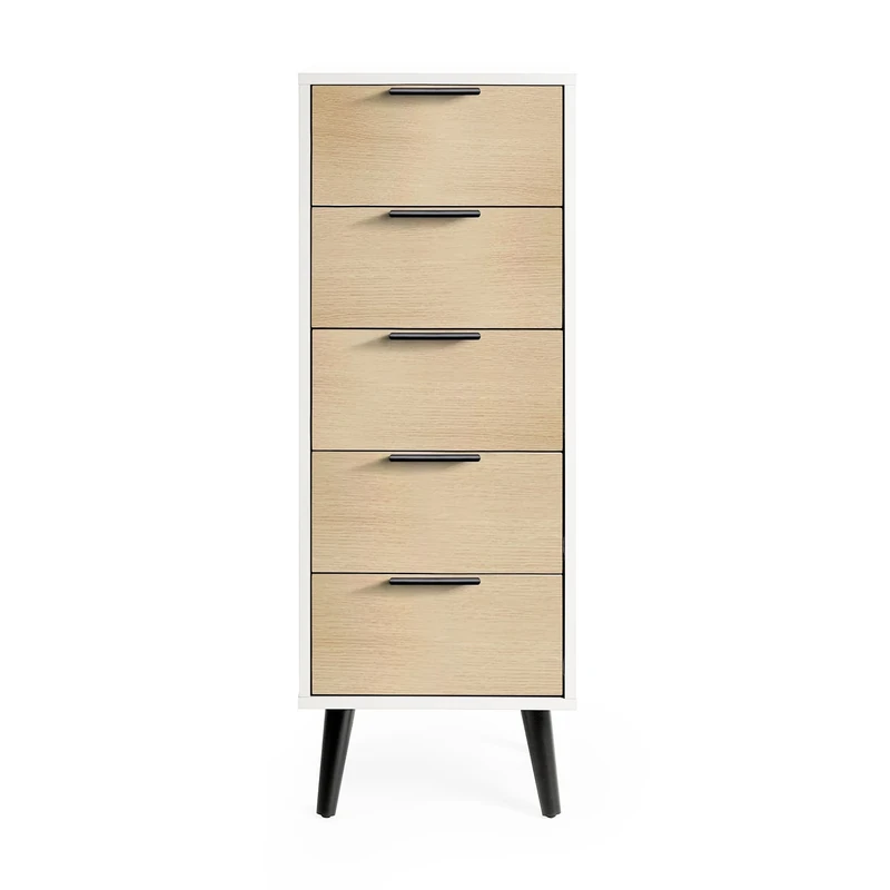 Julian Bowen Alba 5 Drawer Narrow Chest-Soft Close, White and Oak, 120.5 x 45 x 40